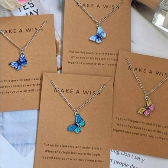“Make a Wish” Butterfly Inspirational Quote Card Necklace Gold Plated New in box - Picture 1 of 6